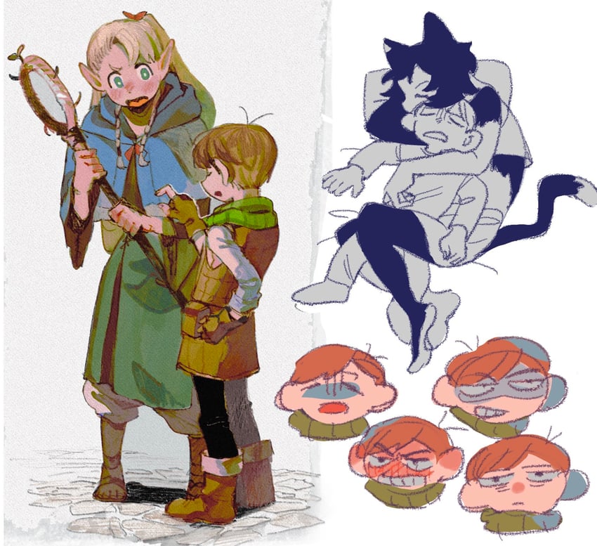 marcille donato, chilchuck tims, and izutsumi (dungeon meshi) drawn by 29_kyuu