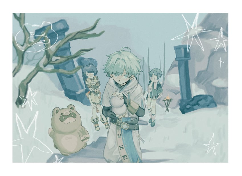 xingqiu, chongyun, xiangling, and guoba (genshin impact) drawn by thxcngn