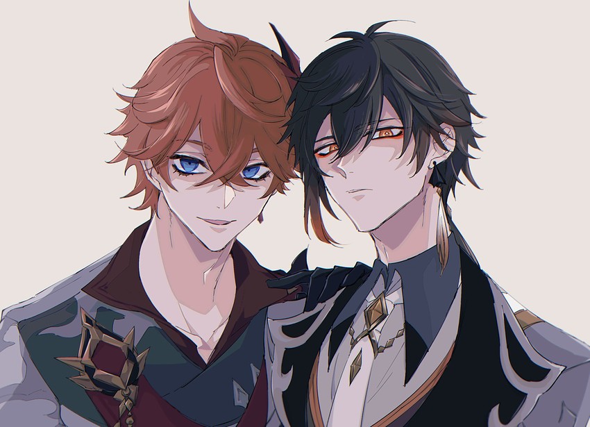 zhongli and tartaglia (genshin impact) drawn by shi_gnsn