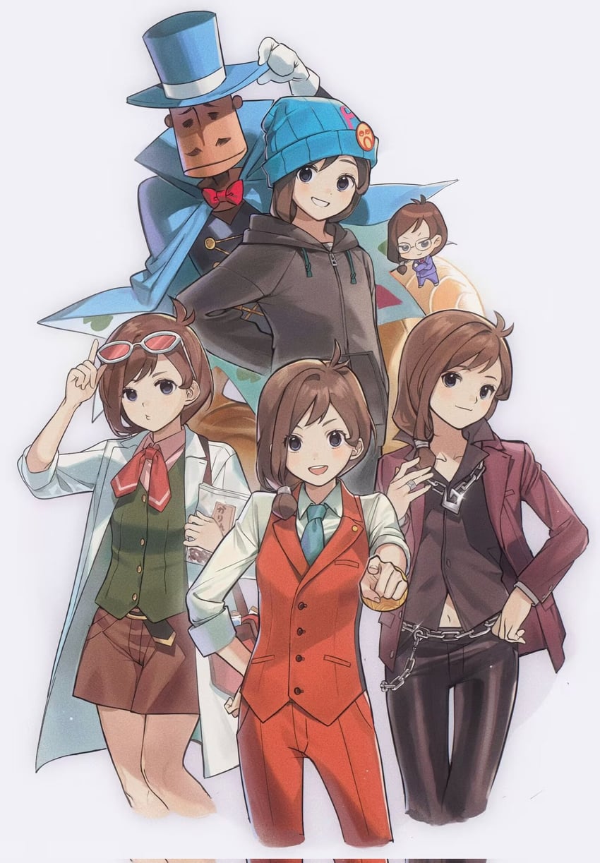 phoenix wright, apollo justice, trucy wright, klavier gavin, ema skye, and 2 more (ace attorney and 1 more) drawn by ketaku0404