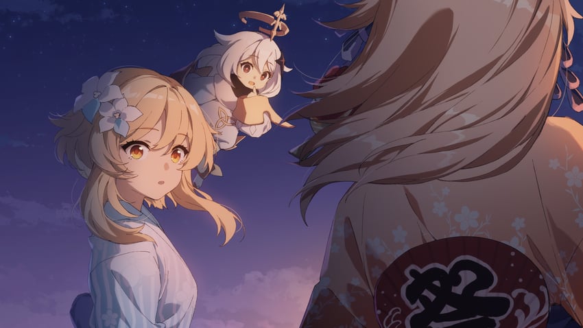 lumine, paimon, and yoimiya (genshin impact) drawn by sylvia_(huajiuhuajiu)