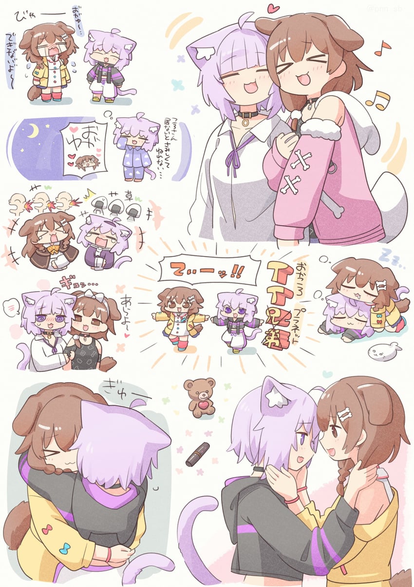 nekomata okayu, inugami korone, listener, and onigirya (hololive) drawn by ponono