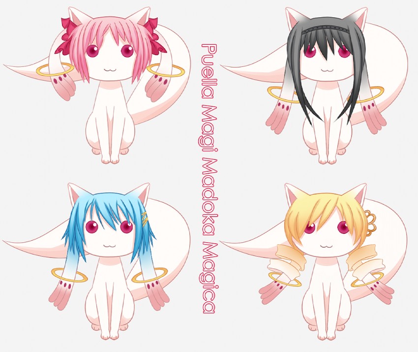 akemi homura, kaname madoka, miki sayaka, tomoe mami, and kyubey (mahou shoujo madoka magica) drawn by hellyok