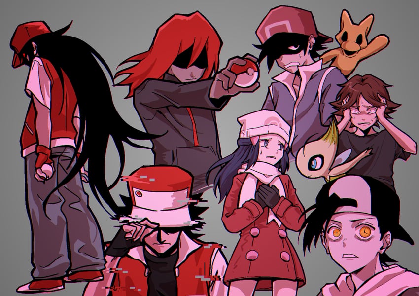 dawn, red, ethan, silver, celebi, and 3 more (pokemon and 5 more) drawn by nocturnalsky