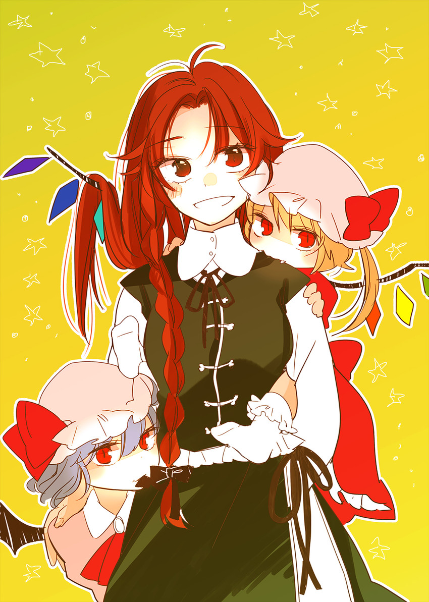 remilia scarlet, flandre scarlet, and hong meiling (touhou) drawn by yonu_(yonurime)