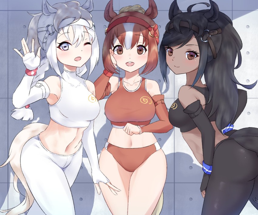 brown thoroughbred, chestnut thoroughbred, and white thoroughbred (kemono friends) drawn by akitsu_tombo