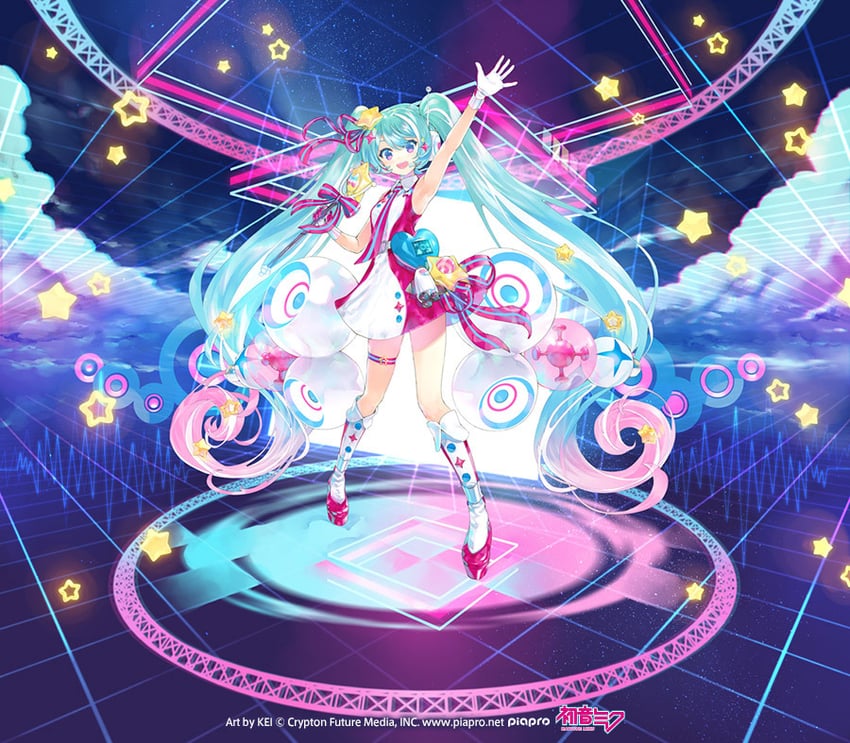 hatsune miku and magical mirai miku (vocaloid and 1 more) drawn by kei_(keigarou)
