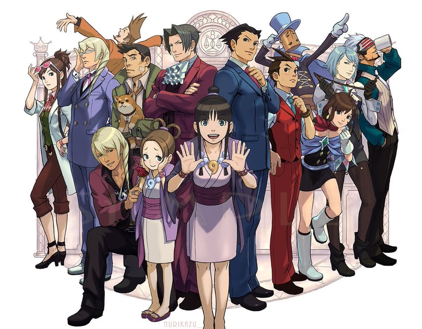 phoenix wright, miles edgeworth, maya fey, apollo justice, franziska von karma, and 9 more (ace attorney and 2 more) drawn by nuri_kazuya