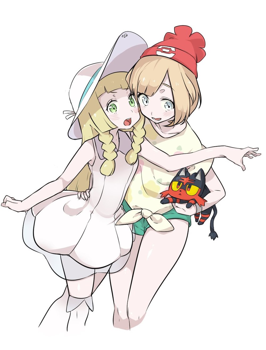 lillie, selene, and litten (pokemon and 1 more) drawn by mitsudoue