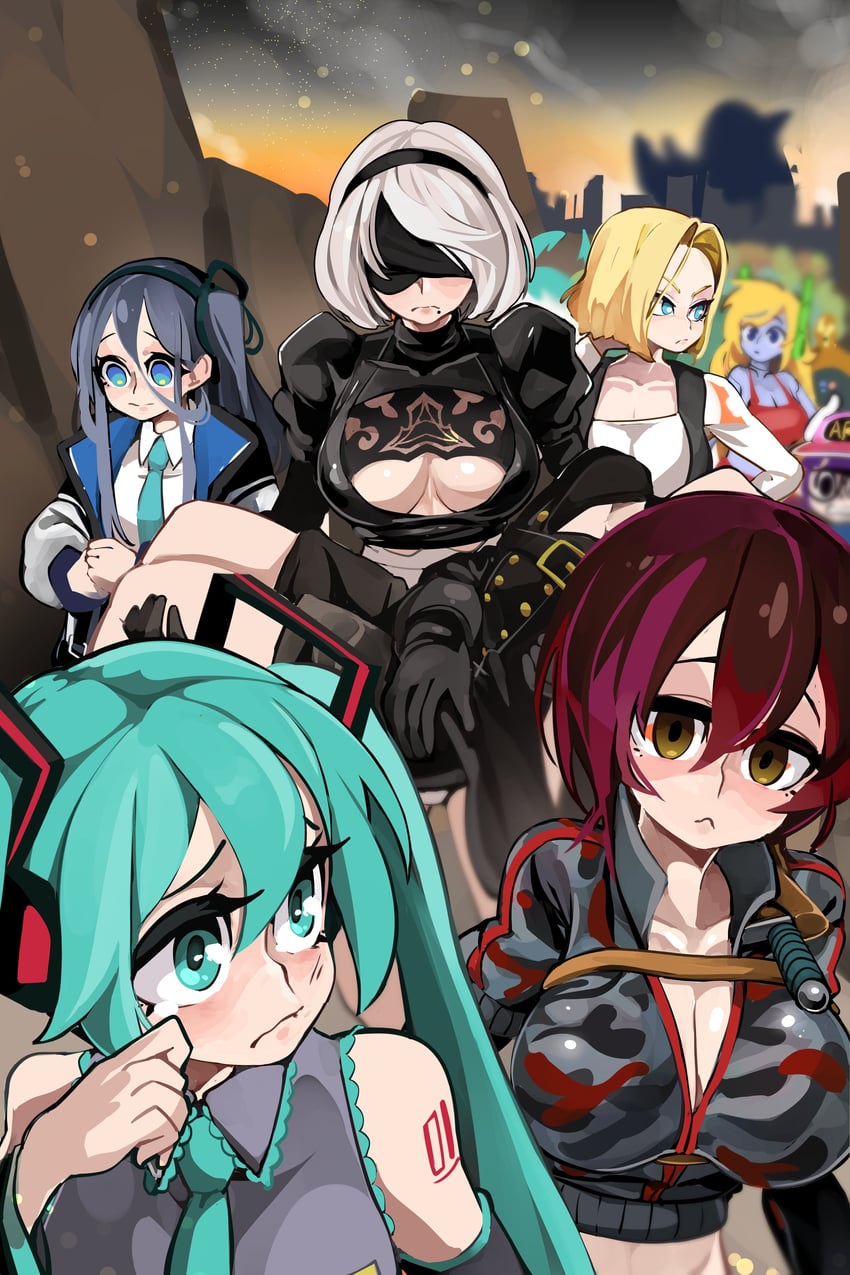 hatsune miku, 2b, aris, android 18, 9s, and 7 more (blue archive and 10 more) drawn by bongfill