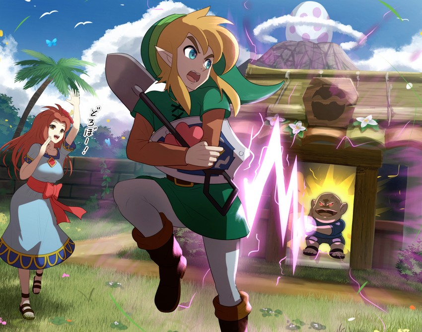 link, marin, and town tool shopkeeper (the legend of zelda and 1 more) drawn by gonzarez