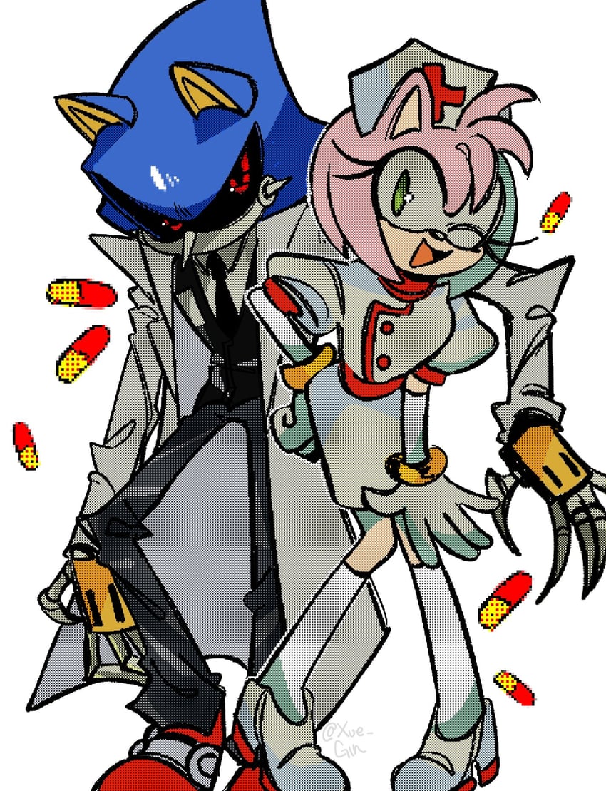 amy rose and metal sonic (sonic) drawn by xue_gin