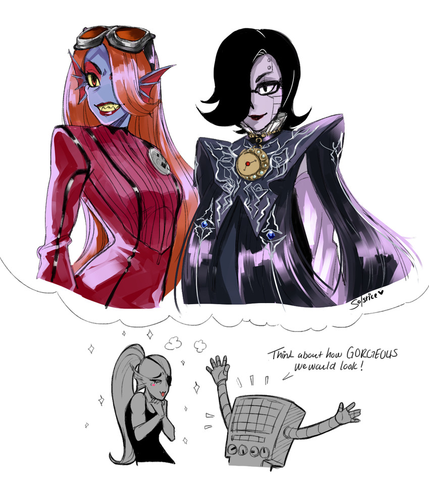 bayonetta, undyne, mettaton, mettaton ex, and jeanne (undertale and 2 more) drawn by venusianpeach