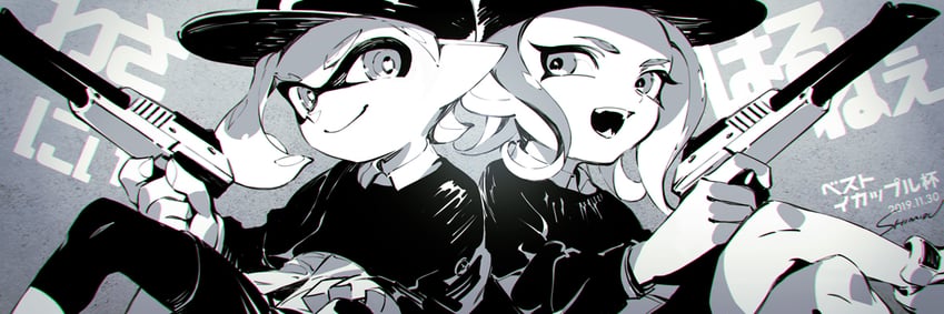 inkling player character, octoling player character, octoling girl, and inkling boy (splatoon and 1 more) drawn by wadanaka