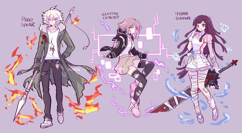 nanami chiaki, komaeda nagito, and tsumiki mikan (genshin impact and 2 more) drawn by mao_(expuella)
