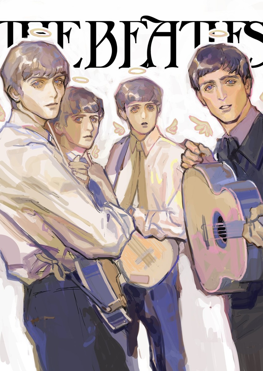 john lennon, paul mccartney, ringo starr, and george harrison (real life and 1 more) drawn by helium_raven