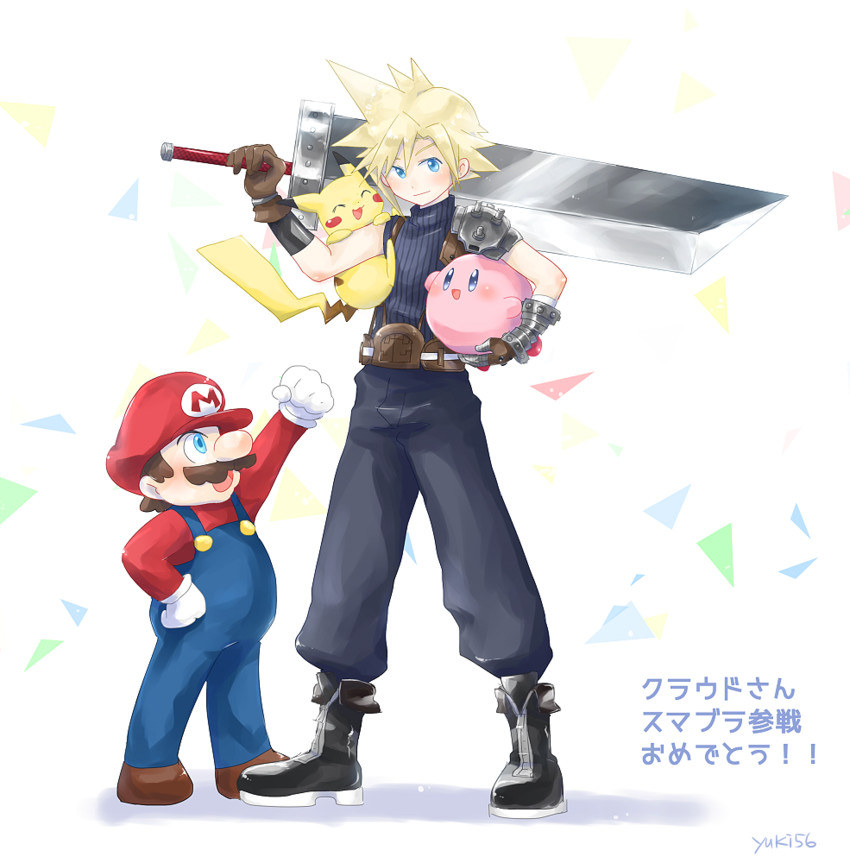 pikachu, cloud strife, kirby, and mario (pokemon and 5 more) drawn by yuki56