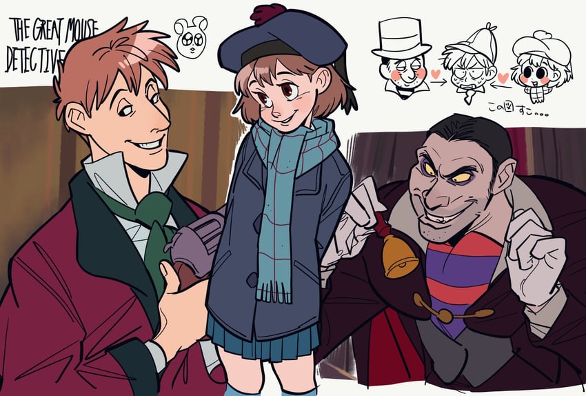 basil, olivia flaversham, and professor ratigan (the great mouse detective) drawn by uochandayo