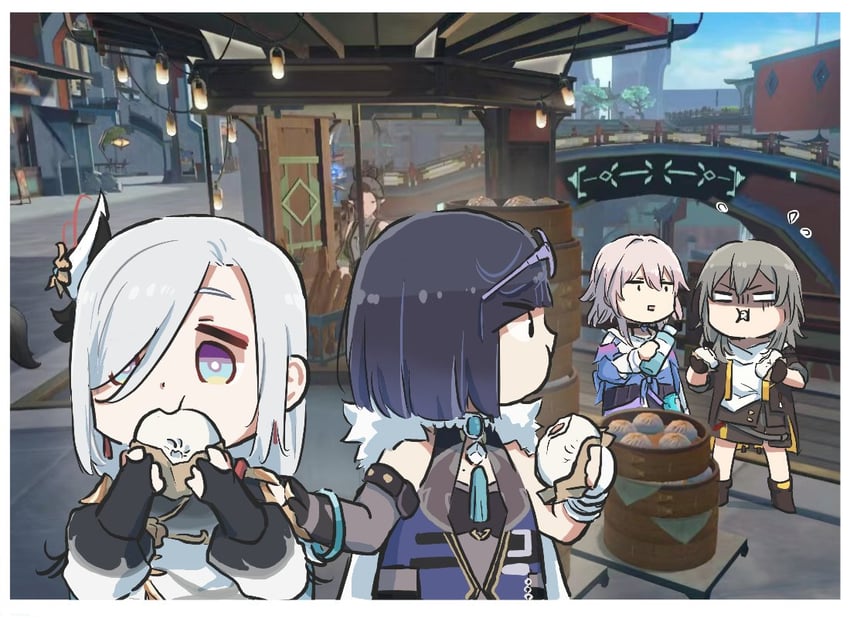 trailblazer, stelle, shenhe, march 7th, and yelan (genshin impact and 3 more) drawn by xinzoruo