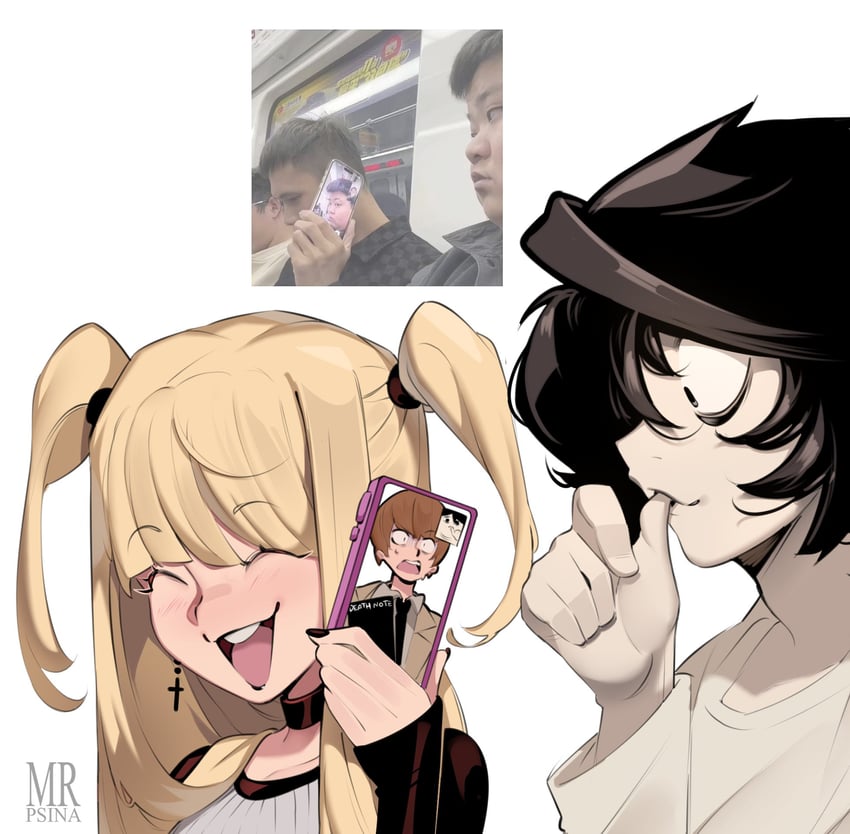 yagami light, l, and amane misa (death note) drawn by mr.psina