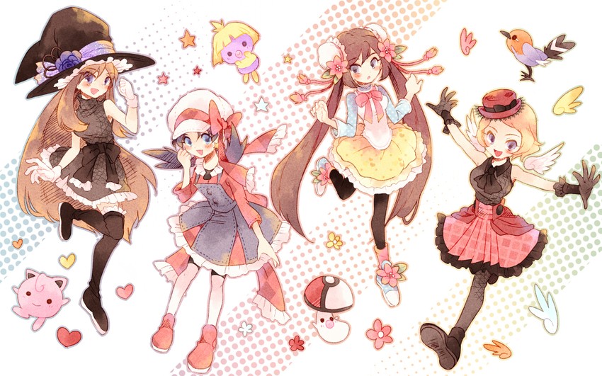 rosa, serena, jigglypuff, kris, green, and 3 more (pokemon and 1 more) drawn by atom_(@tom)