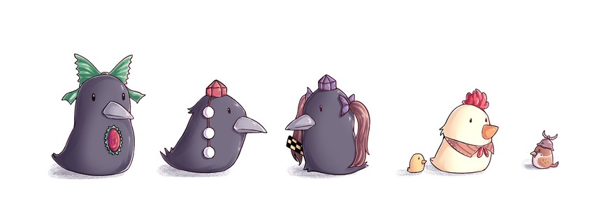 shameimaru aya, reiuji utsuho, mystia lorelei, himekaidou hatate, and niwatari kutaka (touhou) drawn by ammonite_(488091)