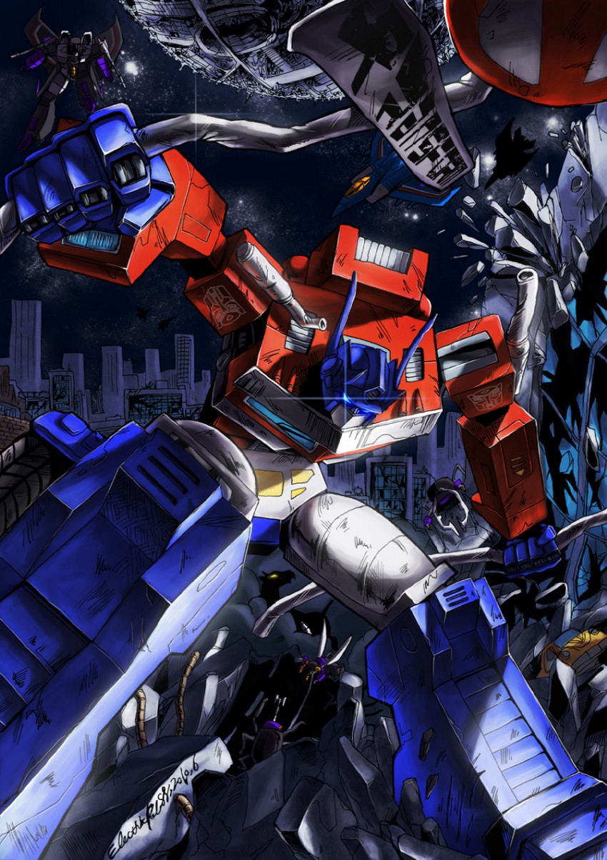 optimus prime, bumblebee, thundercracker, skywarp, bombshell, and 2 more (transformers and 1 more) drawn by denchuu_88