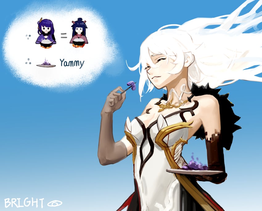 raiden shogun, raiden mei, and asmoday (genshin impact and 3 more) drawn by brighteye13220
