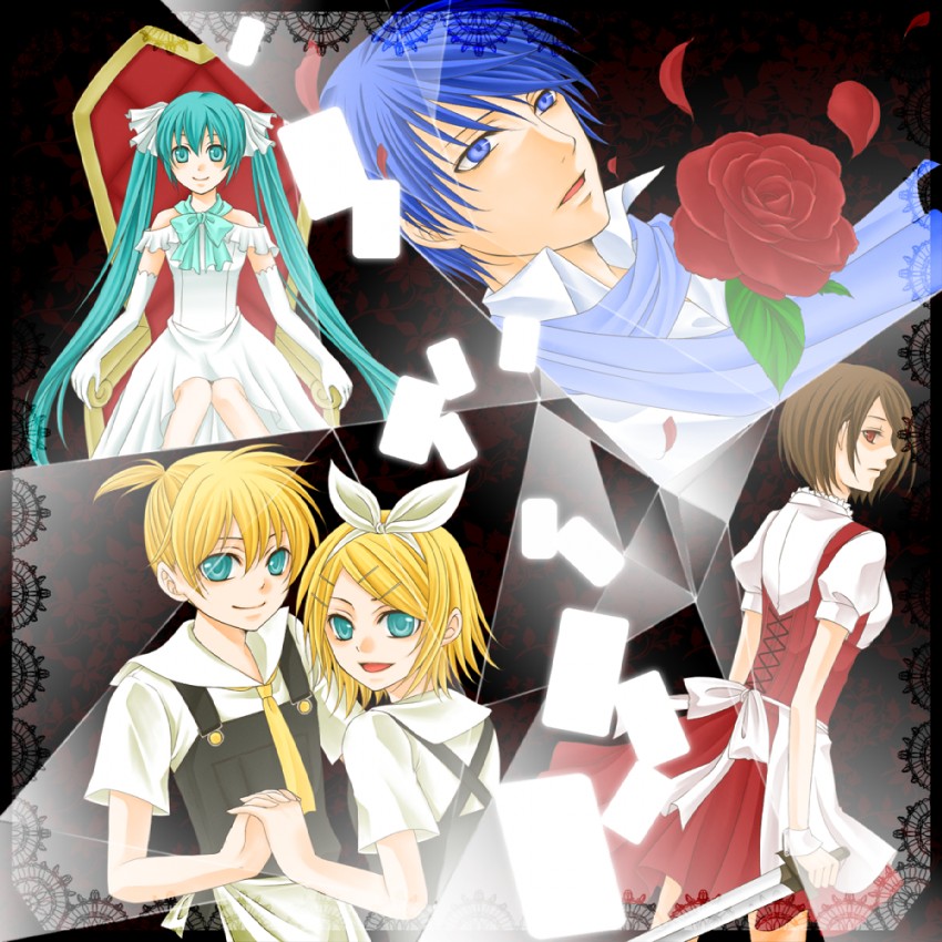 hatsune miku, kagamine rin, kagamine len, kaito, and meiko (vocaloid and 1 more) drawn by kutsuna_ayumu