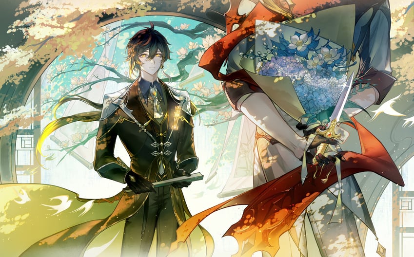 zhongli and tartaglia (genshin impact) drawn by sanqianjiu