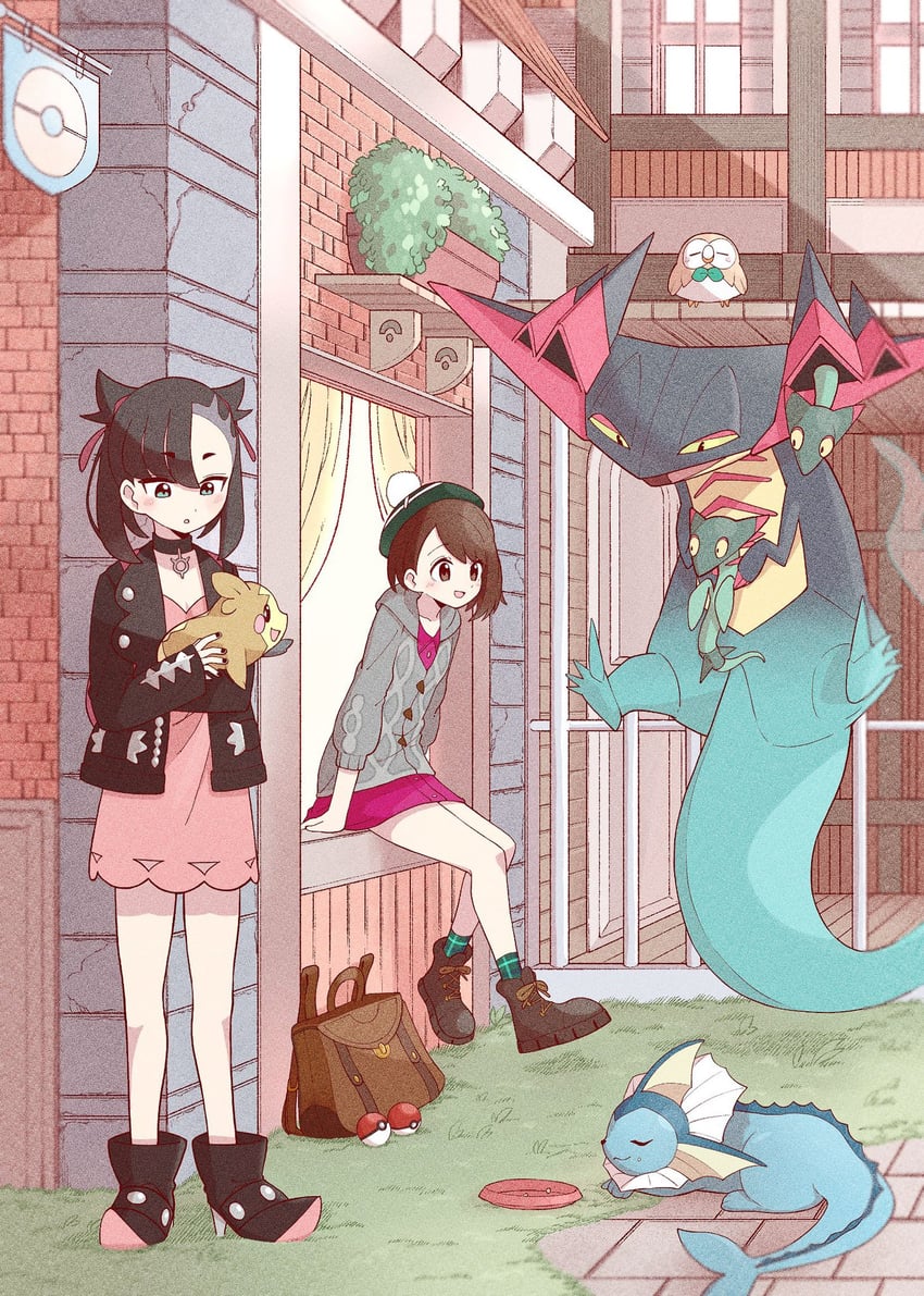 marnie, gloria, rowlet, morpeko, vaporeon, and 2 more (pokemon and 1 more) drawn by yurai0739