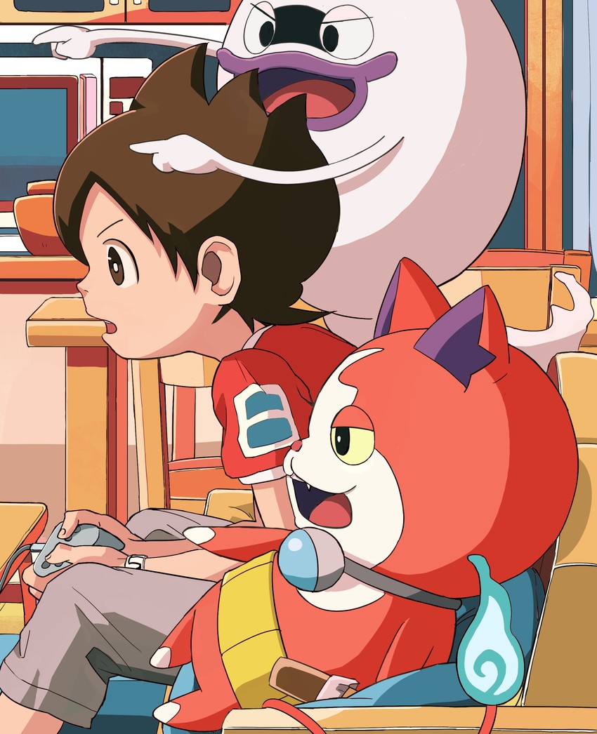 jibanyan, whisper, and amano keita (youkai watch) drawn by besuyama