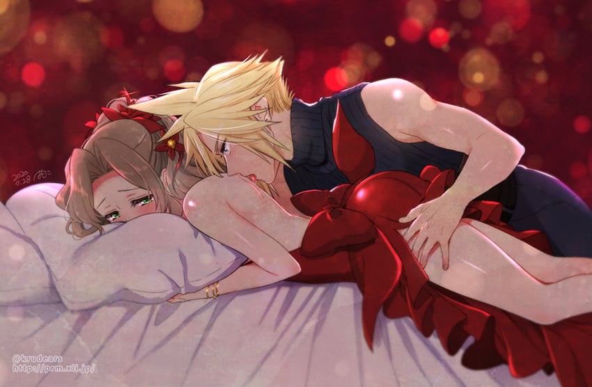 cloud strife and aerith gainsborough (final fantasy and 2 more) drawn by krudears