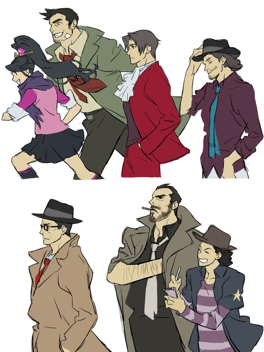 miles edgeworth, dick gumshoe, kay faraday, eddie fender, gregory edgeworth, and 1 more (ace attorney and 2 more) drawn by sotenborii