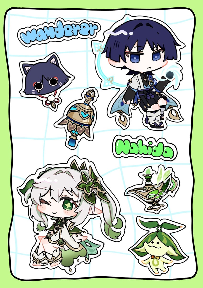 scaramouche, nahida, wanderer, and aranara (genshin impact) drawn by 3ksubak and akt_eak