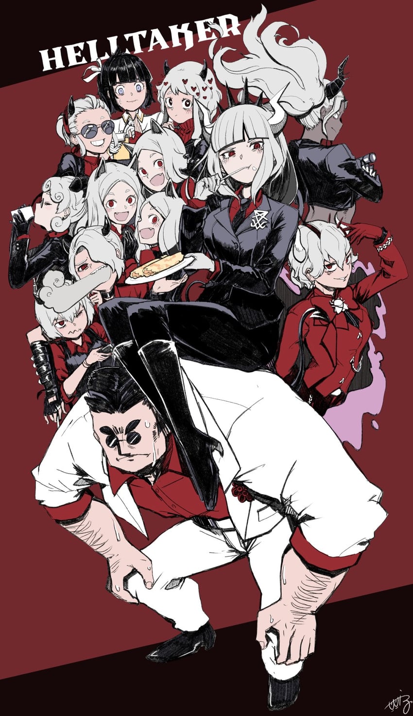 lucifer, modeus, justice, helltaker, cerberus, and 6 more (helltaker) drawn by wiz_(sadosuki)
