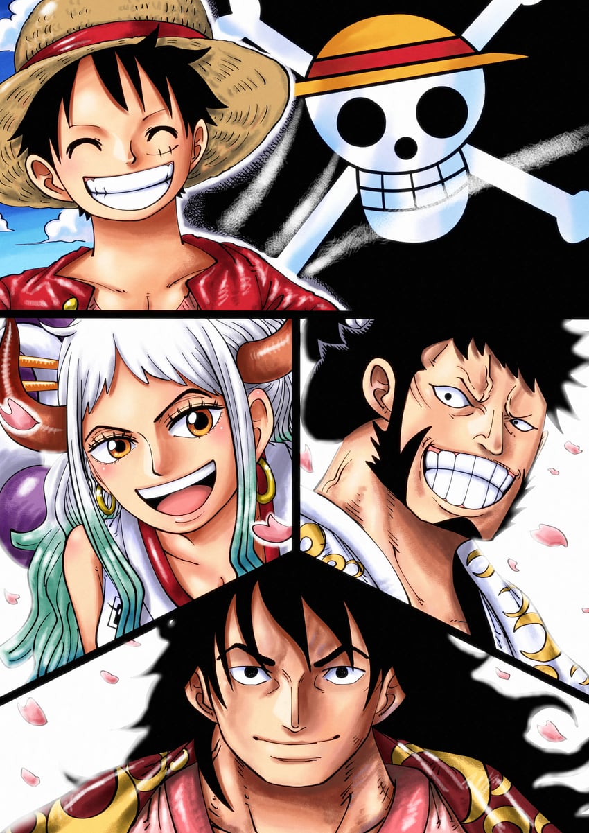 monkey d. luffy, yamato, kouzuki momonosuke, and kinemon (one piece) drawn by riku_(rikuw223xx)
