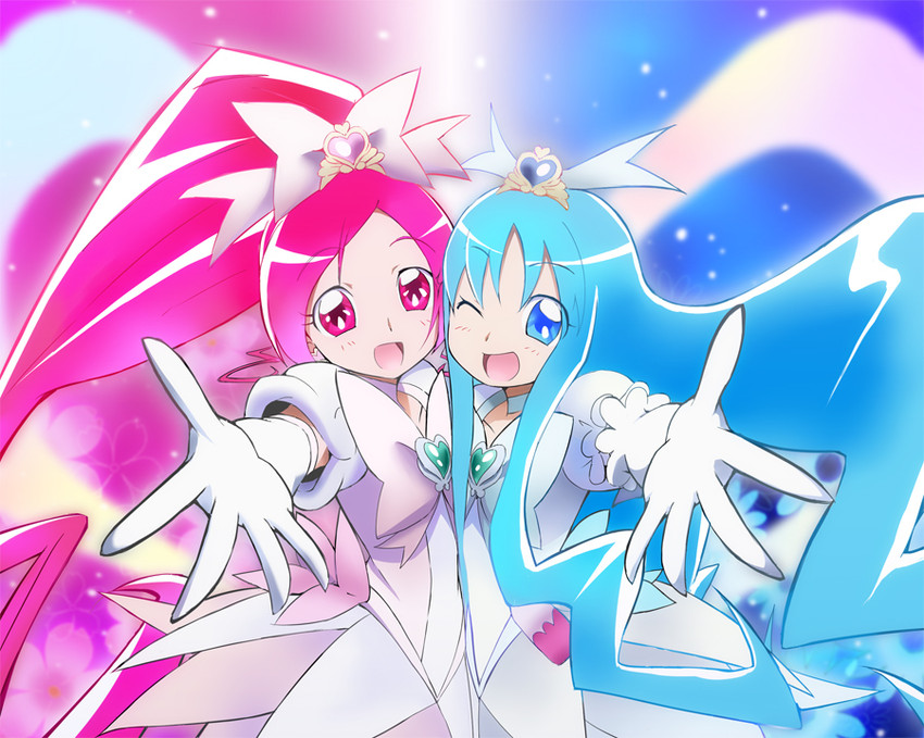 kurumi erika, hanasaki tsubomi, cure marine, and cure blossom (precure and 1 more) drawn by kakiuchi_itsuki