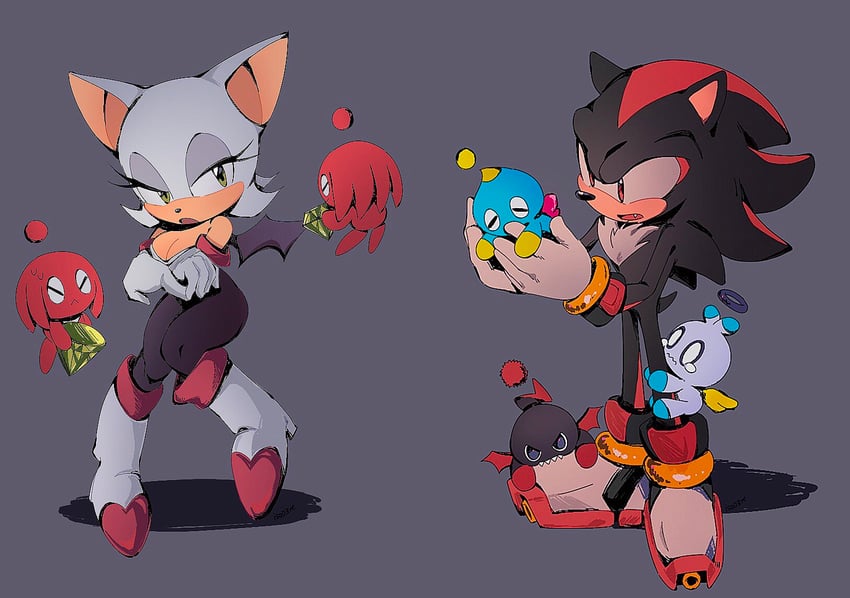 shadow the hedgehog, rouge the bat, neutral chao, dark chao, hero chao, and 1 more (sonic and 1 more) drawn by isa03re