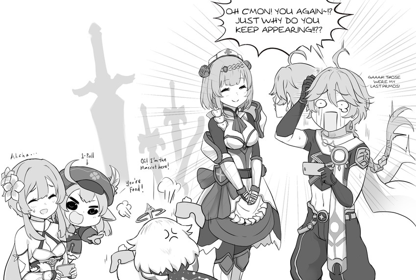 lumine, aether, paimon, klee, and noelle (genshin impact) drawn by alph_(sancheck)