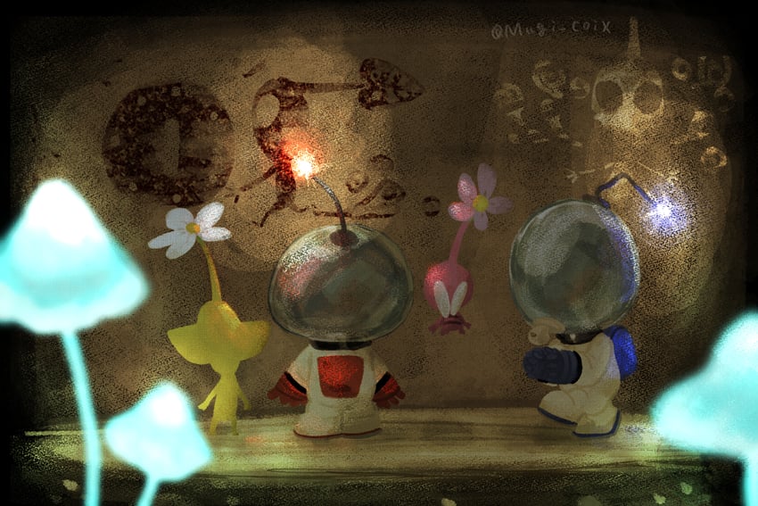 olimar, yellow pikmin, louie, and winged pikmin (pikmin) drawn by usuba_(hatomugip)