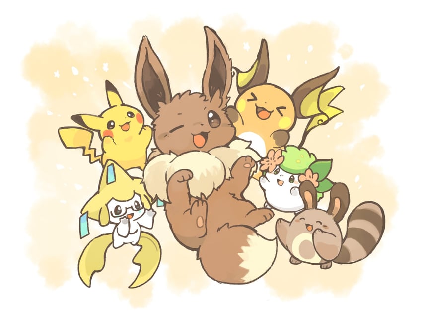pikachu, eevee, jirachi, raichu, shaymin, and 1 more (pokemon) drawn by konanbo