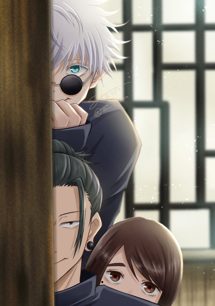 gojou satoru, getou suguru, and ieiri shoko (jujutsu kaisen) drawn by mi_hotta