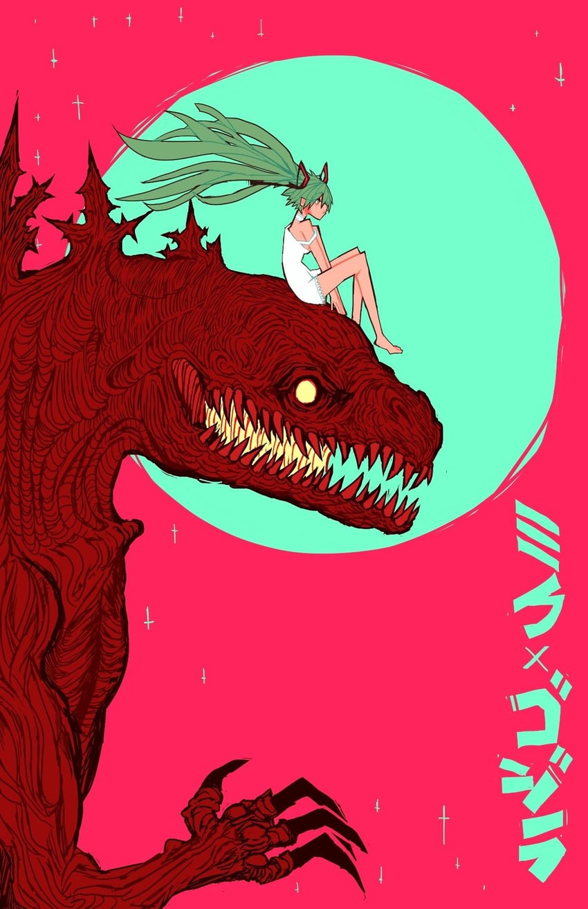 hatsune miku and godzilla (vocaloid and 2 more) drawn by genc