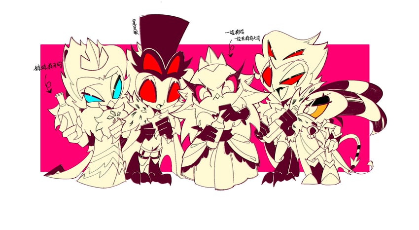 blitzo, stolas, andrealphus, and stella (helluva boss) drawn by zhu_xing_pupupu