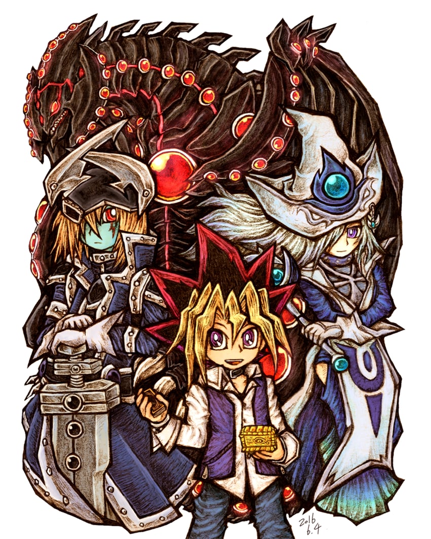 muto yugi, silent magician, silent swordsman, gold sarcophagus, and gandora-x the dragon of demolition (yu-gi-oh!) drawn by mokyu-mokyu