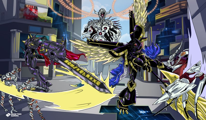 alphamon, eater, alphamon ouryuuken, omegamon zwart, mother eater, and 1 more (digimon and 1 more) drawn by staticfox64
