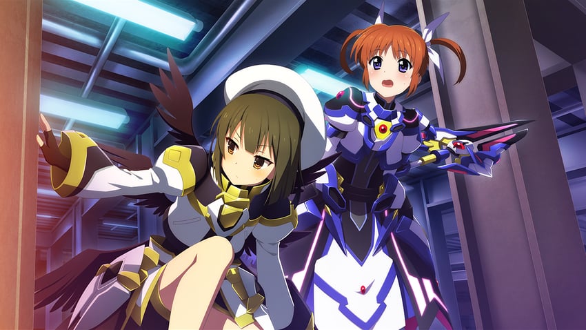 takamachi nanoha, yagami hayate, raising heart, ban tsugumi, and raising heart estrea (lyrical nanoha and 3 more)