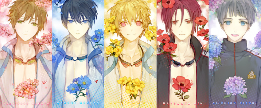 tachibana makoto, nanase haruka, matsuoka rin, hazuki nagisa, and nitori aiichirou (free!) drawn by memipong