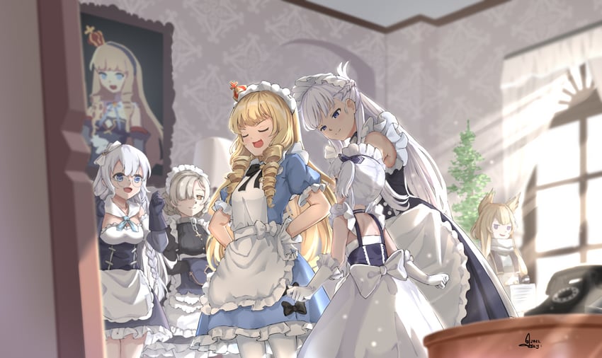 belfast, queen elizabeth, sheffield, warspite, little bel, and 1 more (azur lane) drawn by sundajin_asagi